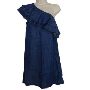 Apricot  One Shoulder Ruffle Denim Chambray Shift Dress Women Size M Above Knee